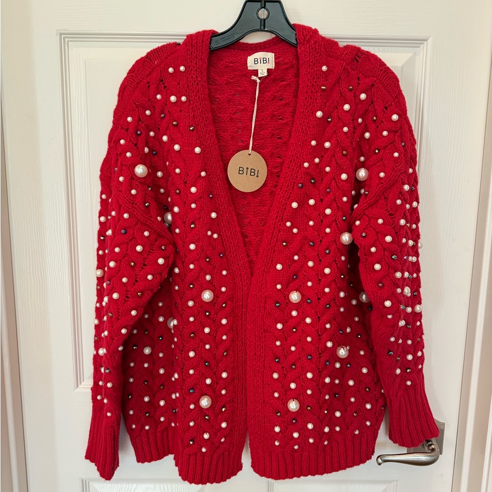 BiBi Twisted Cable Knit Pearl & Rhinestone Cardigan Sweater Red